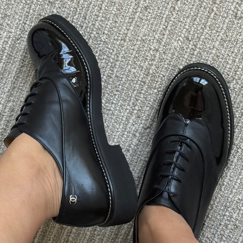 CHANEL Black Leather Oxfords